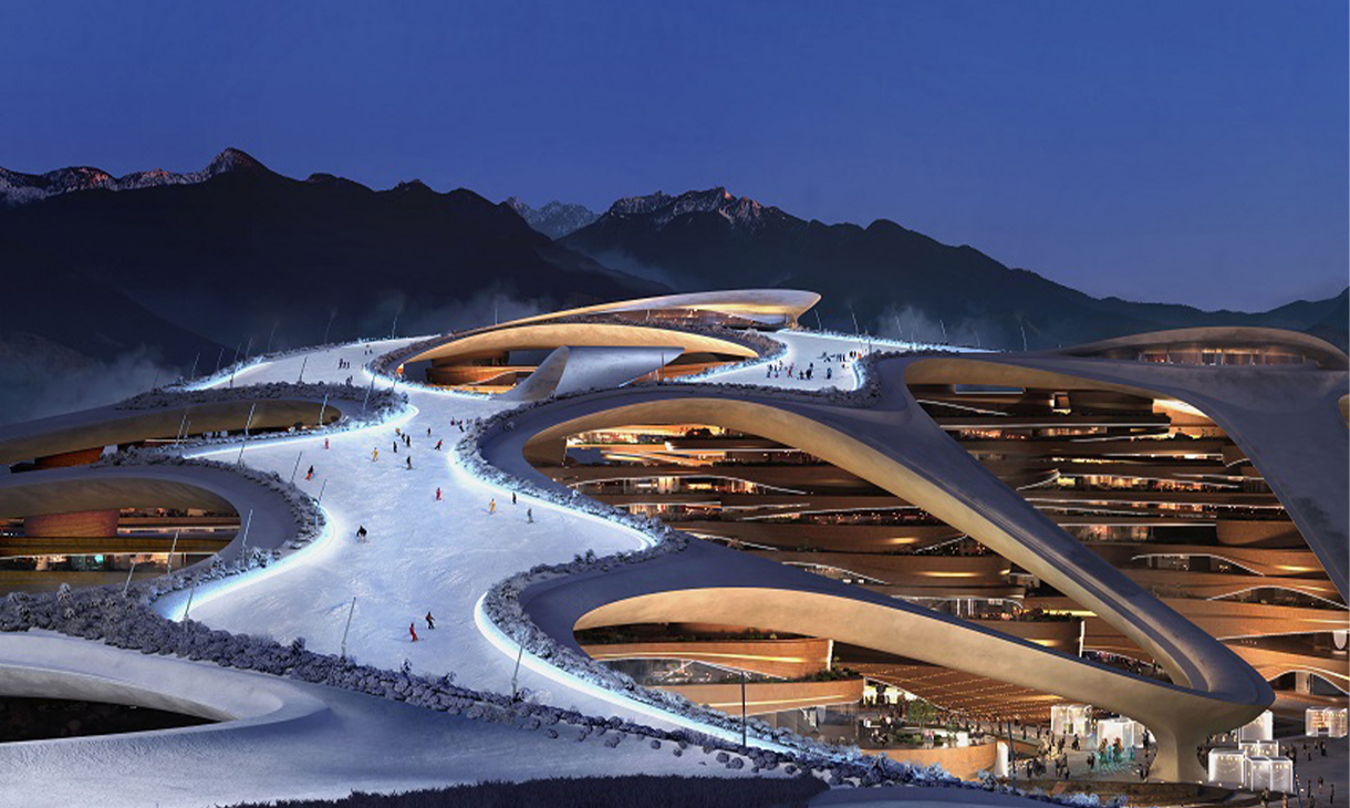 A luxury resort integrated into a rocky mountain landscape, featuring undulating wave-like architecture with glass and wood elements blending seamlessly into the natural surroundings